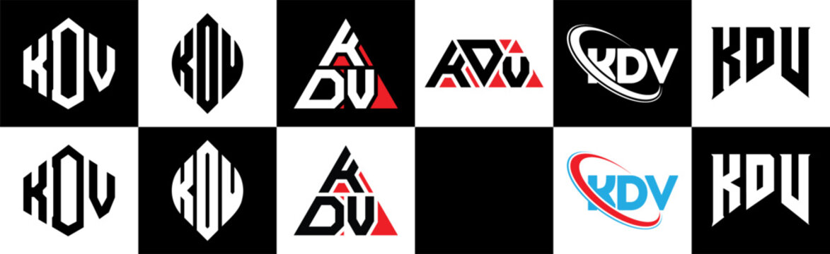 KDV letter logo design in six style. KDV polygon, circle, triangle, hexagon, flat and simple style with black and white color variation letter logo set in one artboard. KDV minimalist and classic logo