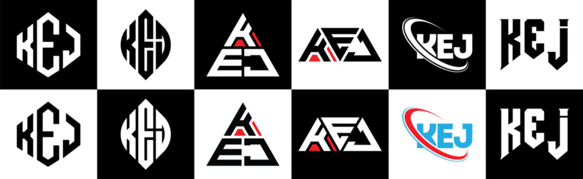 KEJ letter logo design in six style. KEJ polygon, circle, triangle, hexagon, flat and simple style with black and white color variation letter logo set in one artboard. KEJ minimalist and classic logo