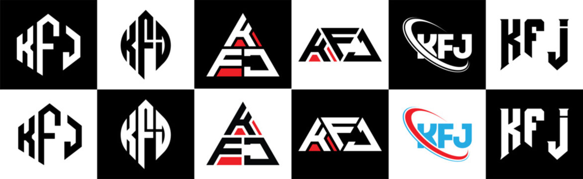 KFJ letter logo design in six style. KFJ polygon, circle, triangle, hexagon, flat and simple style with black and white color variation letter logo set in one artboard. KFJ minimalist and classic logo