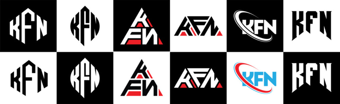 KFN letter logo design in six style. KFN polygon, circle, triangle, hexagon, flat and simple style with black and white color variation letter logo set in one artboard. KFN minimalist and classic logo