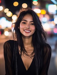 Obraz premium A woman with long black hair standing in front of a city street at night