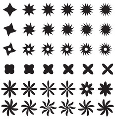 Brutalism geometric figures and futuristic Y2K abstract shapes, vector icons. Abstract and simple primitive shape elements of star, sun or triangle and cubes with wave and spiral for Brutalism pattern