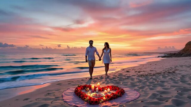 Romantic Couple Walks on Beach at Sunset Towards Valentine's Day Picnic Setup