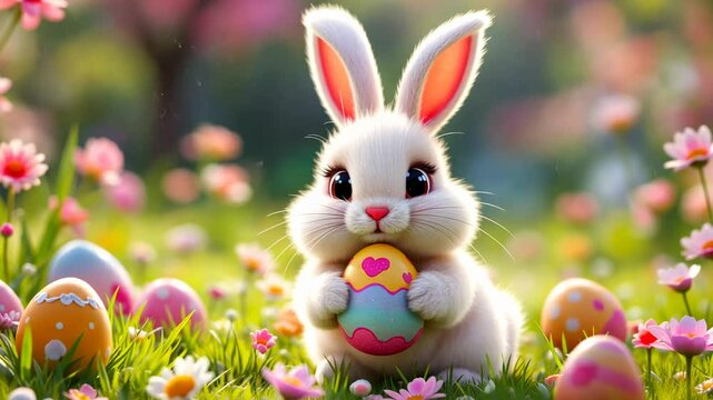 Cartoon fluffy bunny on green grass surrounded by Easter eggs, holds colorful egg. Template for Easter animated invitation, children's party,  advertising materials, festive social media posts
