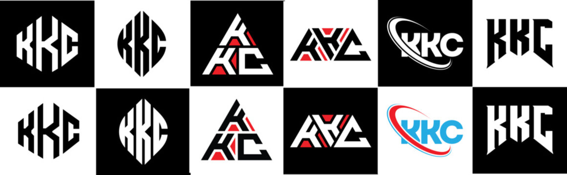 KKC letter logo design in six style. KKC polygon, circle, triangle, hexagon, flat and simple style with black and white color variation letter logo set in one artboard. KKC minimalist and classic logo