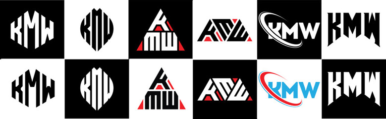 KMW letter logo design in six style. KMW polygon, circle, triangle, hexagon, flat and simple style with black and white color variation letter logo set in one artboard. KMW minimalist and classic logo
