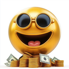 Golden Emoji with Sunglasses Surrounded by Money