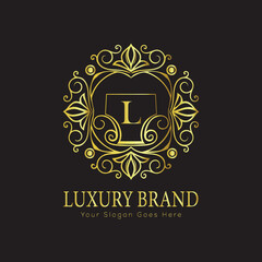 Letter Luxury brand logo design with a royal gold crown emblem and elegant typography
