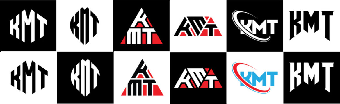 KMT letter logo design in six style. KMT polygon, circle, triangle, hexagon, flat and simple style with black and white color variation letter logo set in one artboard. KMT minimalist and classic logo