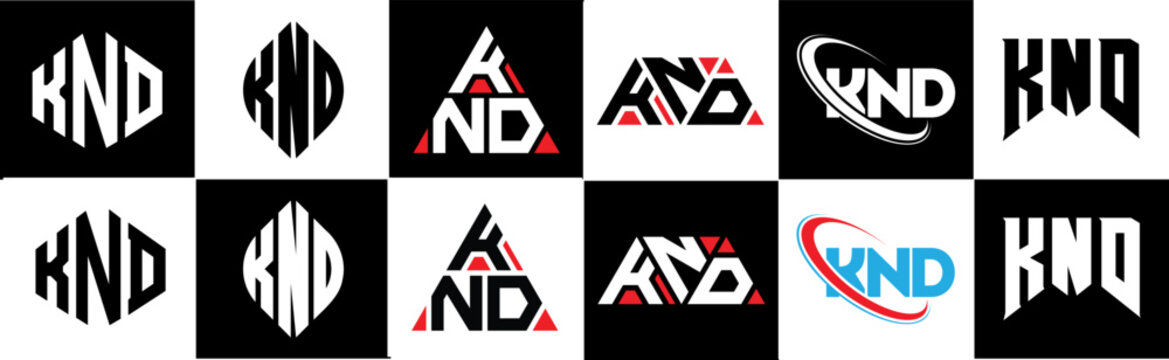 KND letter logo design in six style. KND polygon, circle, triangle, hexagon, flat and simple style with black and white color variation letter logo set in one artboard. KND minimalist and classic logo