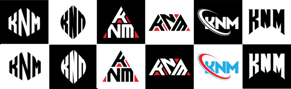 KNM letter logo design in six style. KNM polygon, circle, triangle, hexagon, flat and simple style with black and white color variation letter logo set in one artboard. KNM minimalist and classic logo