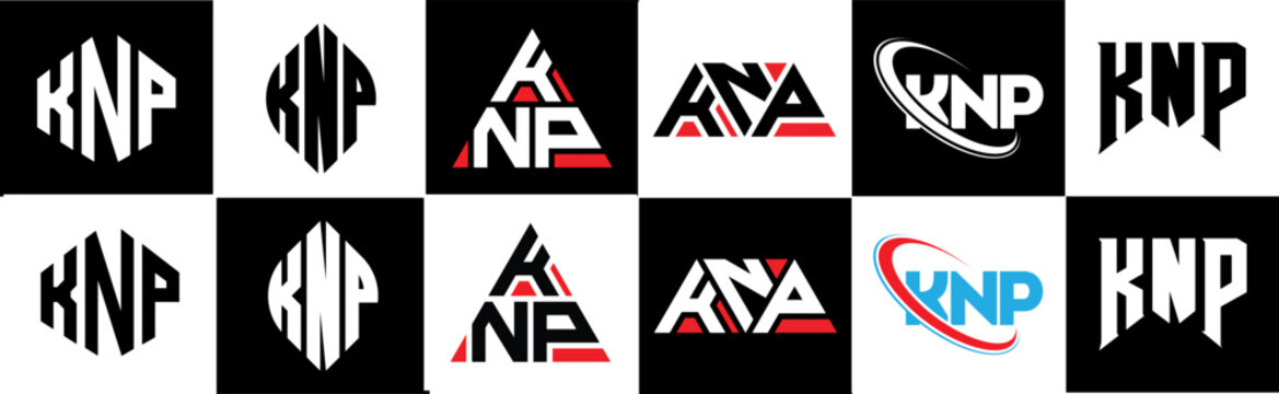 KNP letter logo design in six style. KNP polygon, circle, triangle, hexagon, flat and simple style with black and white color variation letter logo set in one artboard. KNP minimalist and classic logo