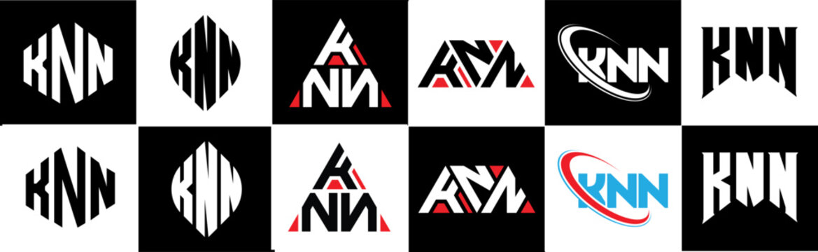 KNN letter logo design in six style. KNN polygon, circle, triangle, hexagon, flat and simple style with black and white color variation letter logo set in one artboard. KNN minimalist and classic logo