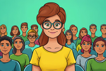 Woman with glasses in front of diverse crowd.