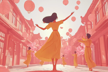 Fototapeta premium Woman in yellow dress joyfully twirls amidst pink lanterns and buildings.