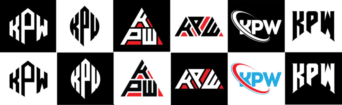 KPW letter logo design in six style. KPW polygon, circle, triangle, hexagon, flat and simple style with black and white color variation letter logo set in one artboard. KPW minimalist and classic logo