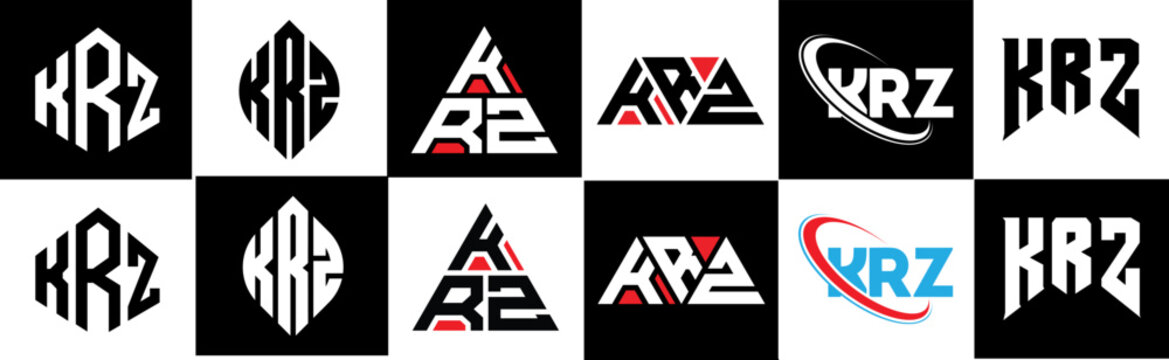 KRZ letter logo design in six style. KRZ polygon, circle, triangle, hexagon, flat and simple style with black and white color variation letter logo set in one artboard. KRZ minimalist and classic logo