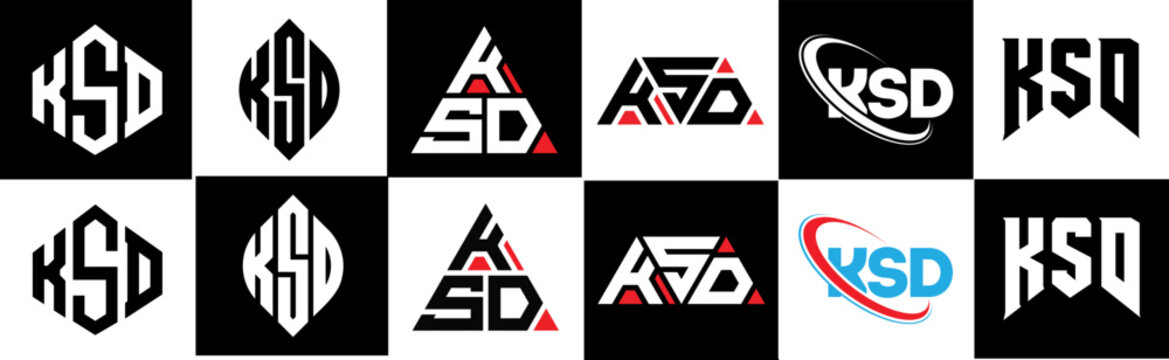KSD letter logo design in six style. KSD polygon, circle, triangle, hexagon, flat and simple style with black and white color variation letter logo set in one artboard. KSD minimalist and classic logo