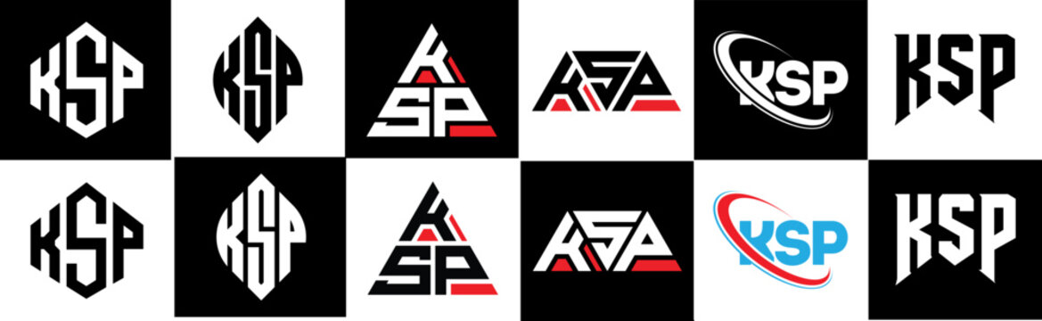 KSP letter logo design in six style. KSP polygon, circle, triangle, hexagon, flat and simple style with black and white color variation letter logo set in one artboard. KSP minimalist and classic logo