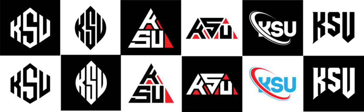 KSU letter logo design in six style. KSU polygon, circle, triangle, hexagon, flat and simple style with black and white color variation letter logo set in one artboard. KSU minimalist and classic logo