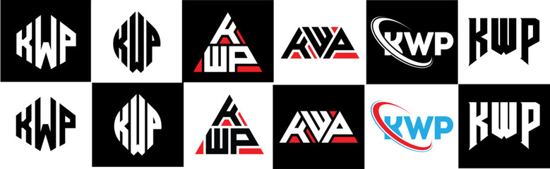 KWP letter logo design in six style. KWP polygon, circle, triangle, hexagon, flat and simple style with black and white color variation letter logo set in one artboard. KWP minimalist and classic logo
