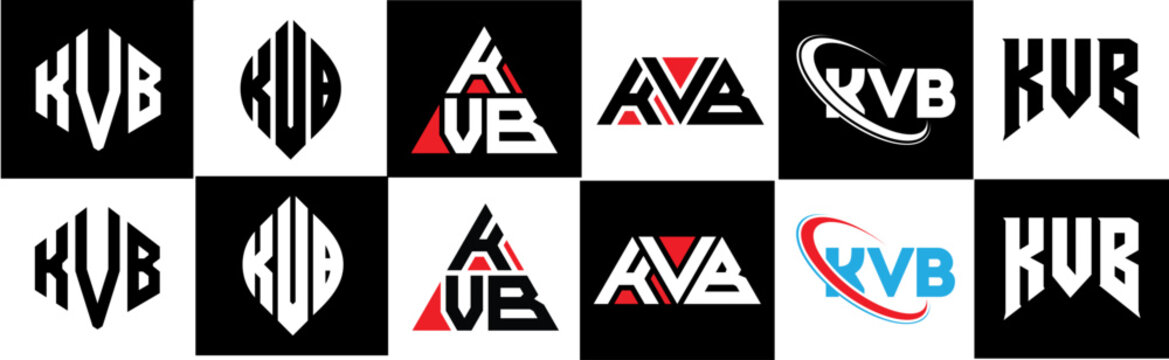 KVB letter logo design in six style. KVB polygon, circle, triangle, hexagon, flat and simple style with black and white color variation letter logo set in one artboard. KVB minimalist and classic logo