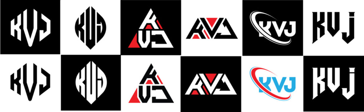 KVJ letter logo design in six style. KVJ polygon, circle, triangle, hexagon, flat and simple style with black and white color variation letter logo set in one artboard. KVJ minimalist and classic logo