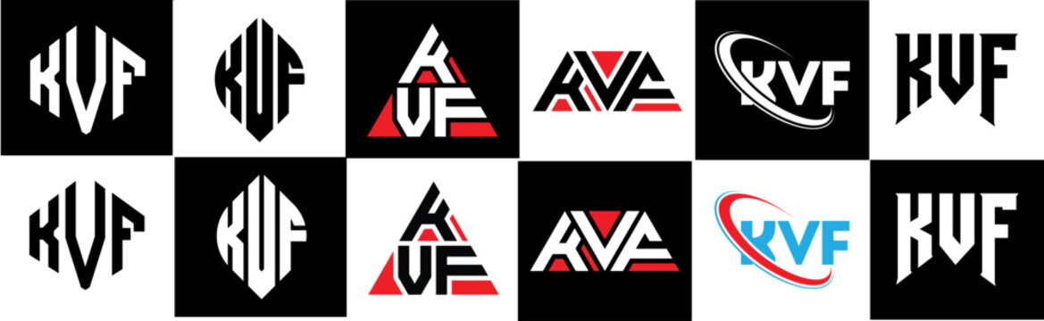KVF letter logo design in six style. KVF polygon, circle, triangle, hexagon, flat and simple style with black and white color variation letter logo set in one artboard. KVF minimalist and classic logo