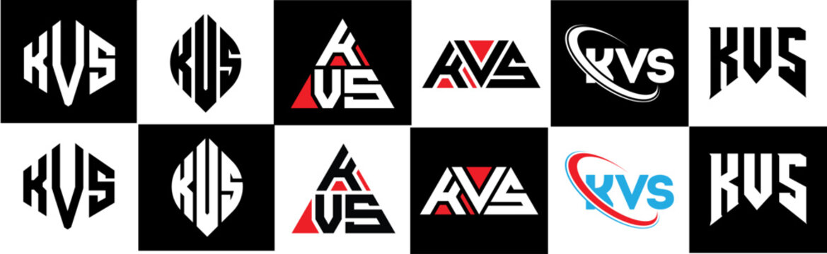 KVS letter logo design in six style. KVS polygon, circle, triangle, hexagon, flat and simple style with black and white color variation letter logo set in one artboard. KVS minimalist and classic logo