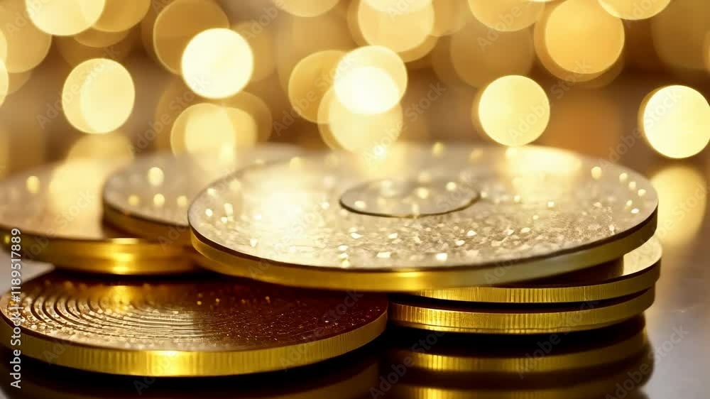 Poster sparkling golden coasters positioned on a shimmering background creating a festive atmosphere, glitt