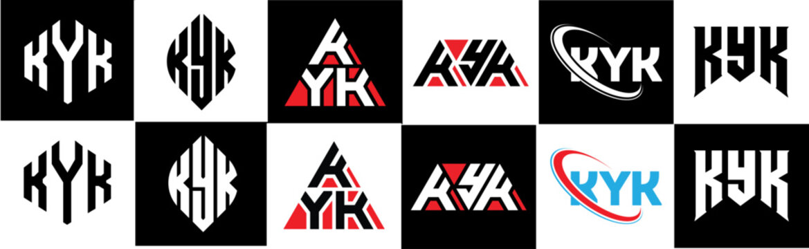 KYK letter logo design in six style. KYK polygon, circle, triangle, hexagon, flat and simple style with black and white color variation letter logo set in one artboard. KYK minimalist and classic logo