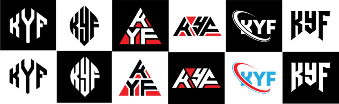 KYF letter logo design in six style. KYF polygon, circle, triangle, hexagon, flat and simple style with black and white color variation letter logo set in one artboard. KYF minimalist and classic logo