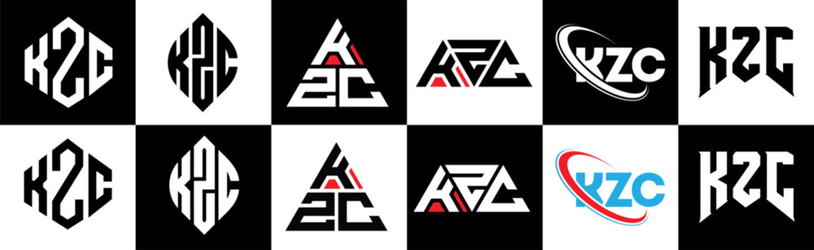 KZC letter logo design in six style. KZC polygon, circle, triangle, hexagon, flat and simple style with black and white color variation letter logo set in one artboard. KZC minimalist and classic logo