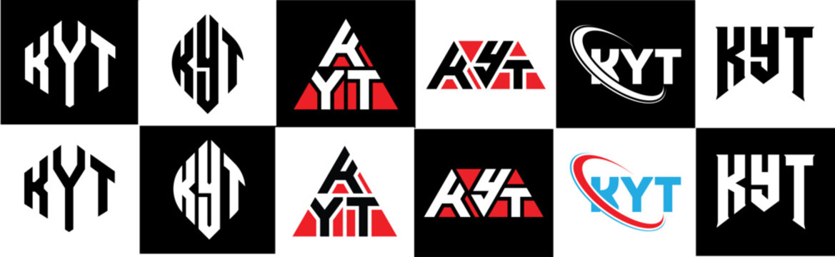KYT letter logo design in six style. KYT polygon, circle, triangle, hexagon, flat and simple style with black and white color variation letter logo set in one artboard. KYT minimalist and classic logo