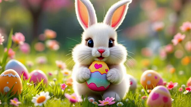 Cartoon fluffy bunny on green grass surrounded by Easter eggs, holds colorful egg, and a text Happy Easter. Template for Easter animated invitation, greeting card, children's party,  advertising 