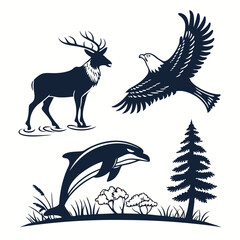 Obraz premium a clean vector design of animal silhouettes like dolphin eagle tree and a deer 