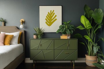Matte olive-green dresser with bold geometric design in a trendy contemporary bedroom, paired with dark wood floors, statement wall art, and vibrant indoor plants.
