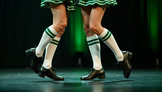 Irish dancers in green uniforms performing on stage.