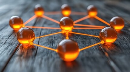 A 3D high-tech design featuring glowing, rotating spheres connected by glowing lines.