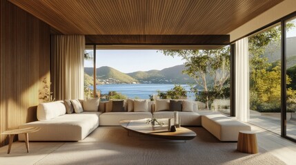 Modern minimalist living room with panoramic lake views.  Large windows showcase a serene landscape.  Warm neutral tones, comfortable furnishings, and natural light fill the space.