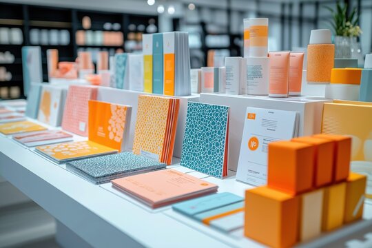 Colorful brand identity leaflets, printed product catalogs displayed on large white table. Promotional materials showcase creative design, product information. Potential exhibits presentations