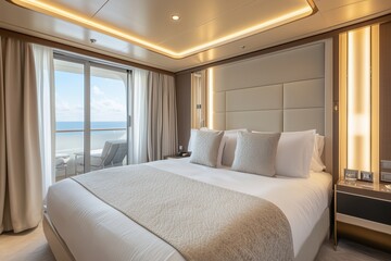 From a wide-angle view on a sunny summer day, luxury elegance of first-class suite unfolds like a breathtaking panoramic view, with its opulent furnishings and exquisite details creating a sumptuous 