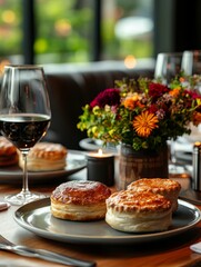 Fototapeta premium Elegant Restaurant Setting with Gourmet British Pies and Fresh Food 21