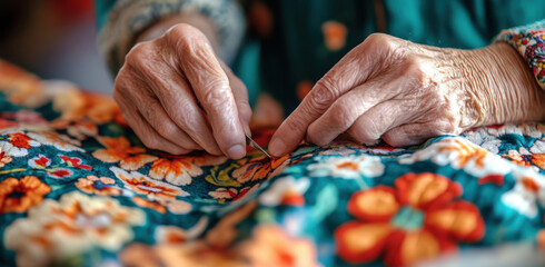 Hands of an elderly woman focus on sewing vibrant floral patterns onto fabric, showcasing intricate craftsmanship. The warm lighting adds a comforting atmosphere to the scene.