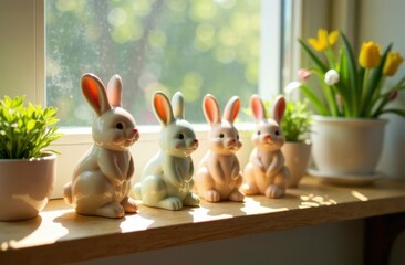 Ceramic Easter bunny, tulip flowers on windowsill. Decorations for Easter celebration at home. Soft focus.