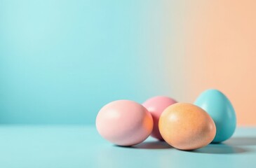 Set of easter eggs painted in different pastel colors blue background. Shopping and supermarkets concept, greeting easter banners concept. Space for text or logo