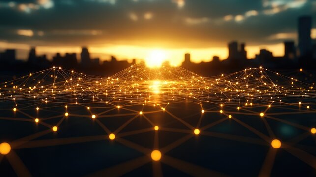 A 3D interconnected web of glowing lines and nodes forming a luminous network.