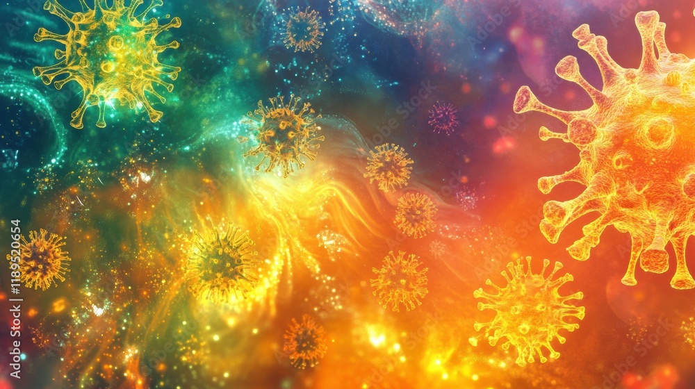 Poster viruses engaging with host cells in a colorful microscopic environment. generative ai