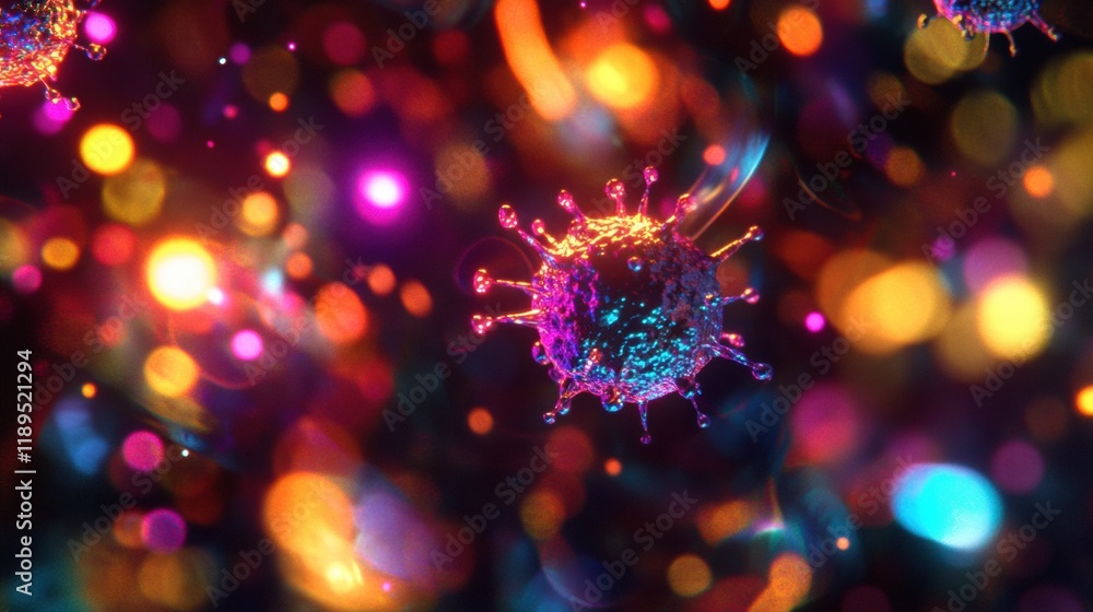 Poster viruses interacting with cells in a vibrant microscopic landscape revealing complex biological proce