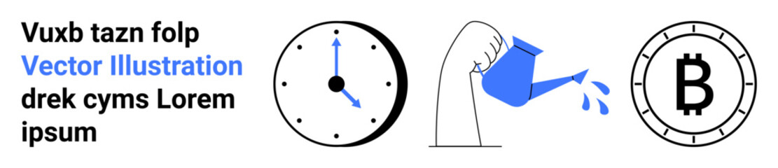 Clock with time indication, hand watering a plant, and Bitcoin coin symbol. Ideal for time management, investment growth, cryptocurrency, financial planning, productivity, digital currency, economic